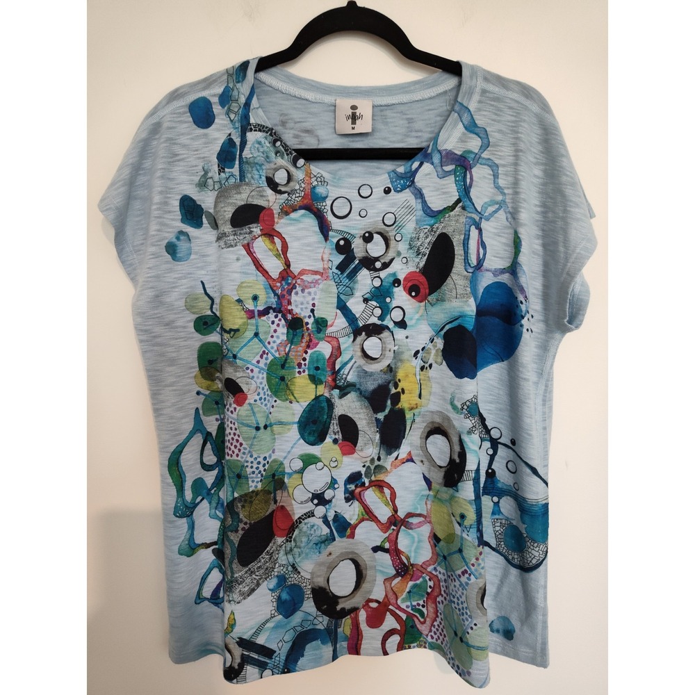 Inoah Women Blue Multi Color Abstract Geometric Art Print Slub Knit Top T635KS M